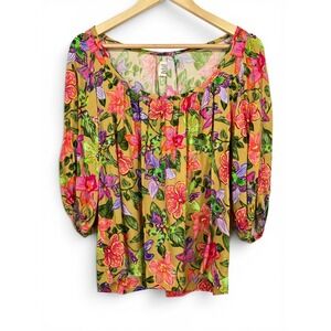 Capjuluca Aldo Martins Floral Puff Sleeve Blouse Mustard Pink Tropical Orchid M